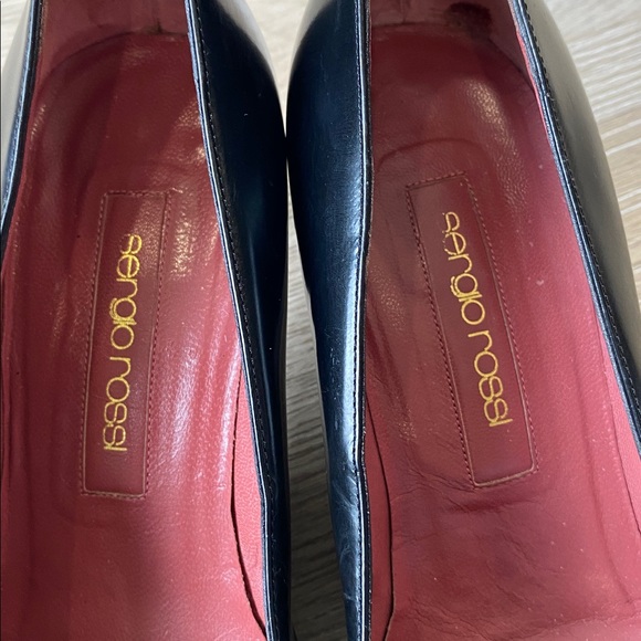 Sergio Rossi Black Leather Pumps Gold Buckle Square Toe Heels Classic Designer - Picture 7 of 13